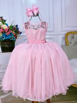 Vestido Infantil Rosa C/ Renda e Cinto de Pérolas Damas Luxo - vila lele