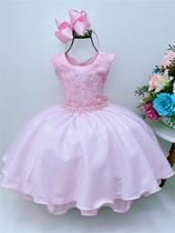 Vestido infantil rosa c/ renda e cinto pérolas princesas