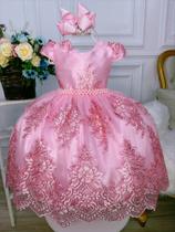 Vestido Infantil Rosa C/ Renda Realeza e Cinto de Pérolas luxo festa 4610RT