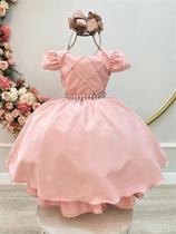 Vestido Infantil Rosa Chá com Busto Nervura e Cinto de Pérolas Vestido Infantil Rosa Chá com Busto Nervura e Cinto de Pérolas