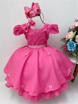 Vestido Infantil Rosa Chiclete Laço Aplique Flores Pérolas - tamanho 2