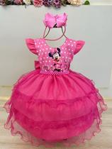 Vestido Infantil Rosa Chiclete Minnie com Saia Glitter para Festas