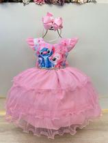 Vestido Infantil Rosa Claro Lilo Stitch e Angel para Festas - Tamanhos Disponíveis