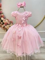 Vestido Infantil Rosa Com Renda e Borboletas para Festas Luxuosas Vestido Infantil Rosa Com Renda e Borboletas para Festas Luxuosas