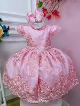 Vestido Infantil Rosa Com Renda Realeza e Cinto Pérolas Super luxo festa 2210RC