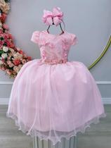 Vestido Infantil Rosa Damas C/ Renda e Aplique Borboletas Luxo Festa 4532RS