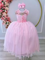 Vestido Infantil Rosa Damas C/ Renda e Cinto de Pérolas Luxo Festa 4341RA - utchuk kids