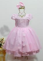 Vestido Infantil Rosa Daminha Borboletas Luxo E Tiara