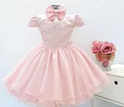Vestido Infantil Rosa Daminha Festa Luxo E Tiara