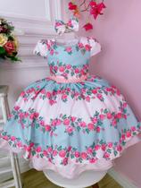 Vestido Infantil Rosa e Azul Florido C/ Laço e Pérolas Luxo