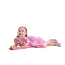 Vestido Infantil Rosa Floral com Tule Brilhante