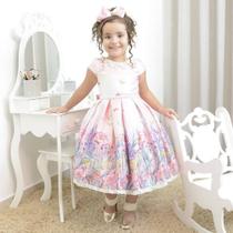 Vestido infantil rosa floral jardim encantado com borboletas Vestido infantil rosa floral jardim encantado com borboletas