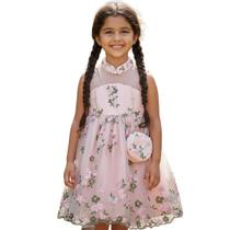 Vestido Infantil Rosa Floral Tule e Bolsa Delicada Menina -