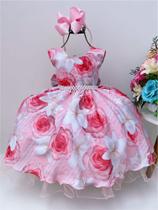 Vestido Infantil Rosa Florido Cinto de Pérolas Luxo Festas 1617RE