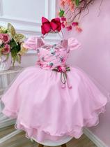 Vestido Infantil Rosa Florido Com Broche de Flor Festas Luxo festaRO2842RS