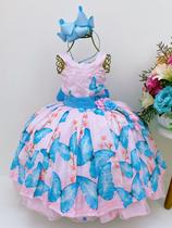 Vestido infantil rosa jardim das borboletas azul aplique