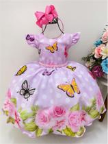 Vestido Infantil Rosa Jardim das Borboletas Cinto de Pérolas super luxo festa 1165RO