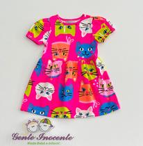 Vestido Infantil Rosa Manga Balonê Estampa Gatinhas Bimbi