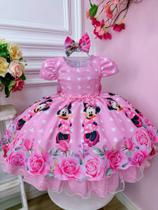 Vestido Infantil Rosa Minnie Com Laço e Busto Strass Luxo festa