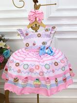 Vestido Infantil Rosa Mundo dos Doces Confeitaria C/ Broche