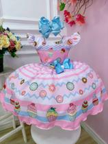 Vestido Infantil Rosa Mundo dos Doces Confeitaria C/ Broche Luxo Festa 0890RS