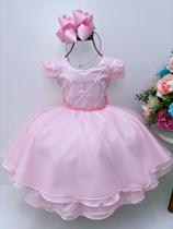 Vestido infantil rosa peito nervura cinto de pérolas strass