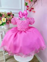 Vestido Infantil Rosa Princesas Aurora C/ Aplique de Flores Luxo Festa 1293RD