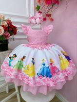 Vestido Infantil Rosa Princesas da Disney Cinto de Pérolas Luxo festa 0145RR