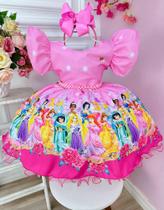 Vestido Infantil Rosa Princesas Disney Festas C/ Pérolas - clubinho