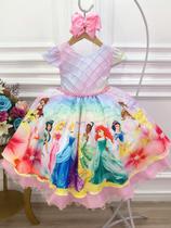 Vestido Infantil Rosa Princesas Peito Nervura Cinto Pérolas