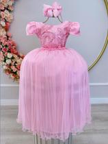 Vestido Infantil Rosa Realeza C/ Renda e Pérolas Damas