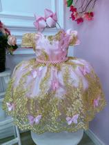 Vestido Infantil Rosa Renda Realeza e Aplique de Borboletas Luxo Festa 2246RB