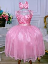 Vestido infantil rosa renda realeza e tule c/ glitter