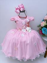 Vestido Infantil Rosa Rendado Flores em Aplique Super Luxo