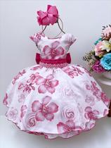 Vestido infantil rosé floral luxo floristas cinto pérolas