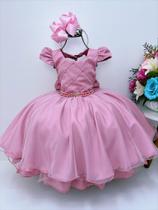 Vestido infantil rosê peito nervura pérolas strass luxo