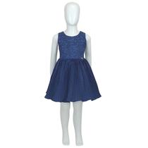 Vestido Infantil Saia Plissada Peito Com Renda Azul Tam 1 ao 4