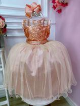 Vestido Infantil Salmão C/ Renda Realeza Metalizada Glitter