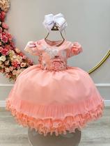 Vestido Infantil Salmão e Saia Babados Busto Florido Strass Luxo Festa