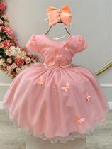 Vestido Infantil Salmão Jardim Encantado para Festas Luxo