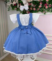 Vestido Infantil Salopete Branco e Azul Virginia - Moda Casual Vestido Infantil Salopete Branco e Azul Virginia - Moda Casual