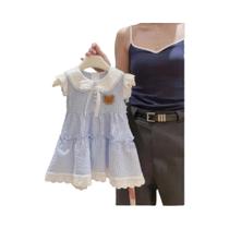 Vestido Infantil Sem Mangas Com Estampa Xadrez Azul E Detalhes Em Renda, Estilo Coreano Bear Leader Vestido Infantil Sem Mangas Com Estampa Xadrez Azul E Detalhes Em Renda, Estilo Coreano Bear Leader