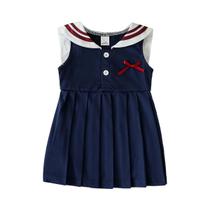 Vestido Infantil Sem Mangas Com Saia Plissada Azul Marinho, Estilo Princesa Com Laço E Gola Azul Vestido Infantil Sem Mangas Com Saia Plissada Azul Marinho, Estilo Princesa Com Laço E Gola Azul