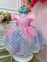 Vestido Infantil Sereia Ariel Rosa Saia Colorida Escamas luxo festa