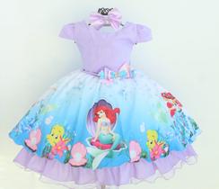 Vestido Infantil Sereia Fundo Do Mar Ariel E Tiara Luxo