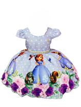 Vestido Infantil Sofia Lilás Bolinhas Princesa Cinto Pérolas
