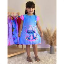 Vestido Infantil Stitch Neon com Manga Colorido, Confortável e Fofo Ideal para Festa e Dia a Dia