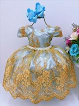 Vestido Infantil Super Luxo Festa Azul Bebê Renda Dourada Realeza Princesa