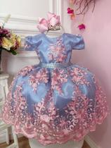 Vestido Infantil Super Luxo Festa Azul Bordado e Renda Realeza Rosa C/ Strass 2139AA