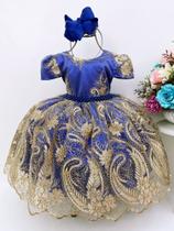 Vestido Infantil Super Luxo Festa Azul Royal Renda Realeza Dourada Princesa
